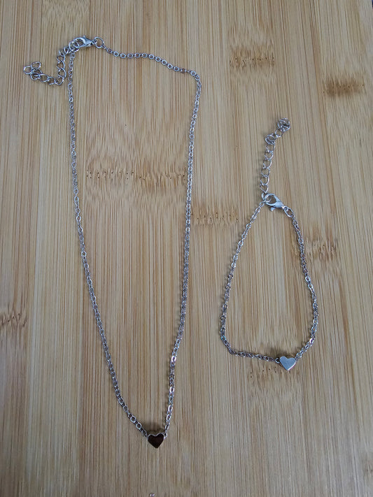 Silver heart matching necklace and bracelet set
